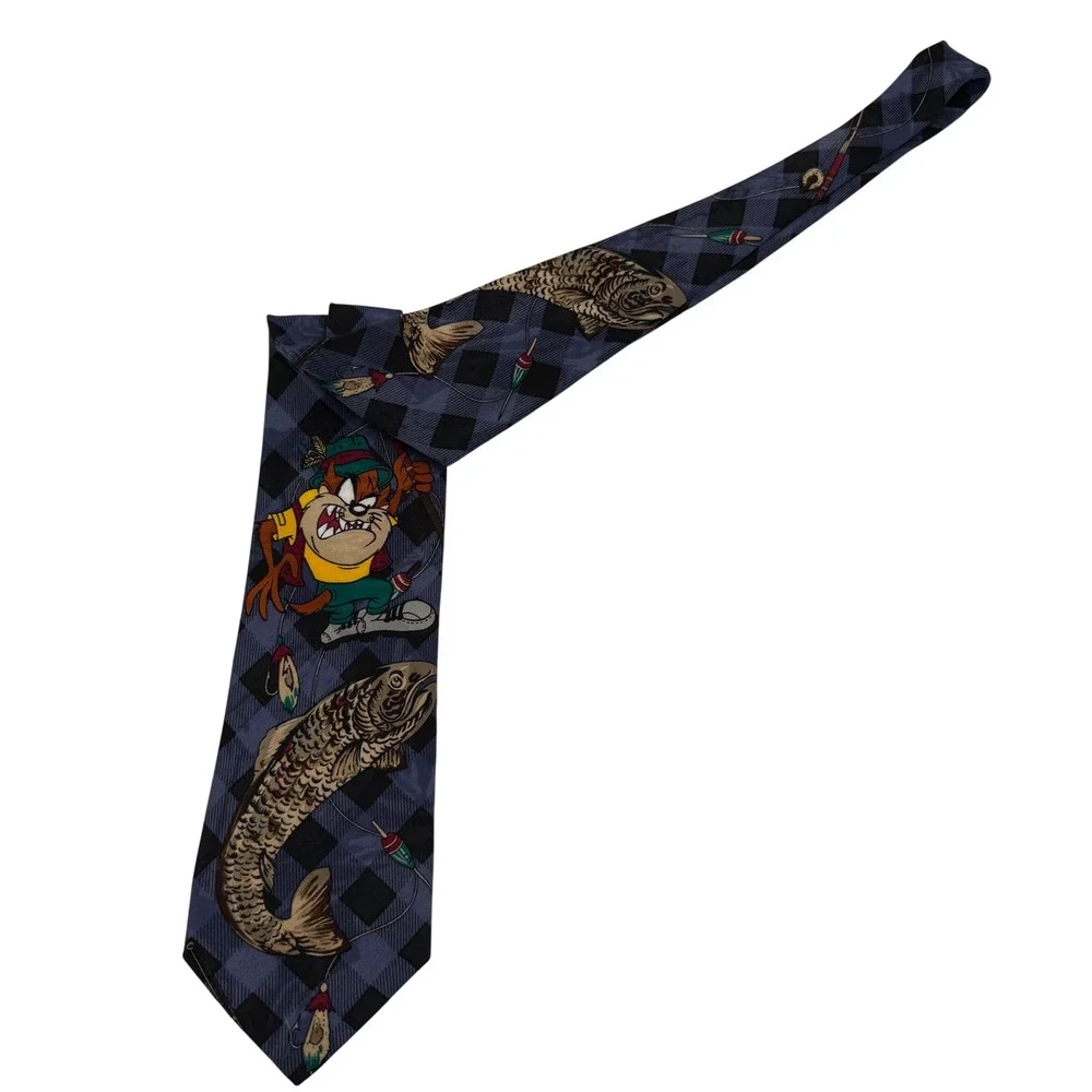 Looney Tunes Tazmanian Devil Fishing Tie 1996‎ Polyester Blue Plaid Work